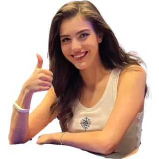 👍 mulher, polegar para cima, sorriso, regata branca telegram sticker