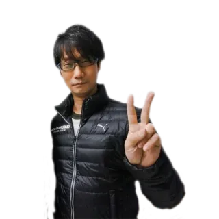 ✌ Hideo Kojima Metal Gear Solid METAL GEAR SOLID Hideo Kojima, Desenvolvedor de jogos, Metal Gear Solid, Videojogos, Sinal de paz, Japonês, Criador telegram sticker