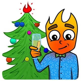 🎄 desenho animado, árvore de natal, celebração, ano novo, personagem, fogo, champanhe, brinde telegram sticker