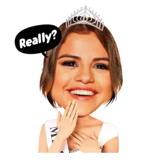 😄 Really? Selena Gomez, Miss Universo, questionamento, tiara, concurso de beleza whatsapp sticker