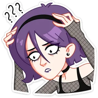 ❓ ??? verwirrt, Fragezeichen, Cartoon, lila Haare, denkend, unsicher telegram sticker