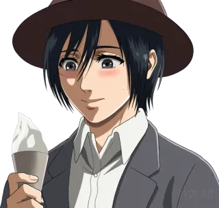 🍦 Mikasa Ackerman Attack on Titan อนิเมะ, ตัวละคร, แฟนอาร์ต, ไอศกรีม, หมวก, ผู้หญิง telegram sticker