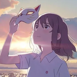 ✨ 女の子, マスク, アニメ, 夕焼け, 空, 狐, 和風, アニメーション telegram sticker