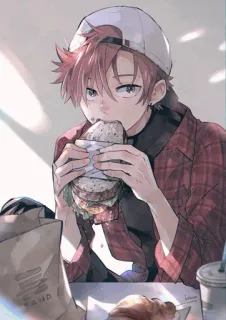 〰️ anime, sandwich, eating, boy, teenager, casual, art telegram sticker