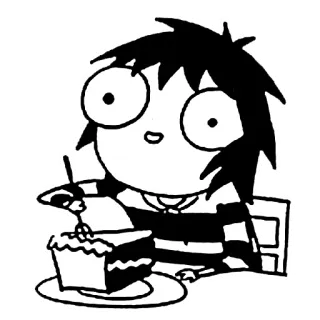 😄 Sarah Sarah's Scribbles desenho animado, comendo, sobremesa, bolo, Sarah's Scribbles, personagem, preto e branco whatsapp sticker