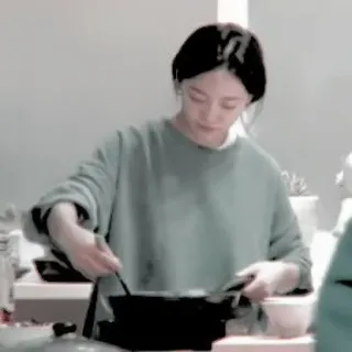 🦋 woman, cooking, kitchen, person, indoors, food preparation telegram sticker