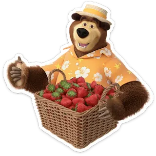 👍 orso, fragole, cesto, cartone animato, animale, frutta telegram sticker