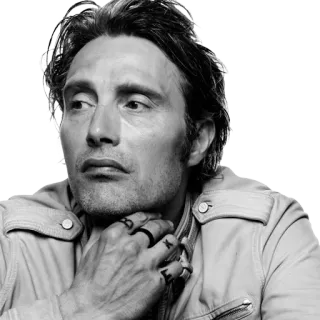 😕 Mads Mikkelsen actor, retrato, hombre, celebridad, blanco y negro telegram sticker
