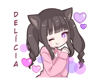 🌝 DELÍCIA anime girl, cat ears, cute, hearts, delicia, adorable telegram sticker