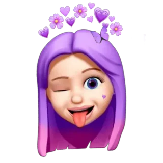 😛 memoji, подмигивание, фиолетовые волосы, сердце, стикер, высунутый язык telegram sticker