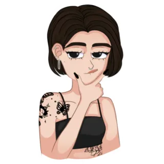 😏 chica, mujer, tatuaje, dibujo animado, personaje, pensando whatsapp sticker