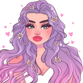 💕 donna, ragazza, capelli viola, fiori, cuori, cartone animato, illustrazione telegram sticker