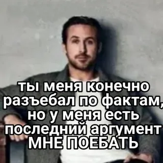 👑 ты меня конечно
разъебал по фактам,
но у меня есть
последний аргумент
МНЕ ПОЕБАТЬ meme, ryan gosling, funny, internet meme telegram sticker