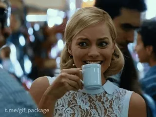 😜 t.me/gif_package margot robbie, actress, coffee, meme, celebrity telegram sticker