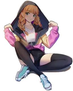 😍 dziewczyna anime, kreskówka, dziewczyna, bluza z kapturem, warkocze, siedząca, słodka whatsapp sticker