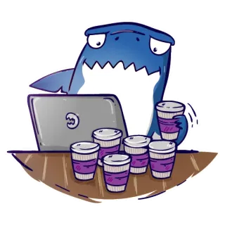 ☕ サメ, コーヒー, コンピュータ, 漫画, ステッカー, ラップトップ, カフェイン, 机 telegram sticker