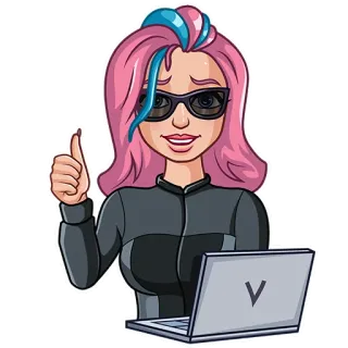 👍 wanita, laptop, rambut pink, rambut biru, jempol ke atas, kacamata, kartun telegram sticker