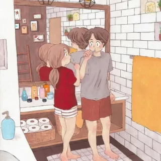💕 pareja, baño, cepillo de dientes, escena doméstica, ilustración telegram sticker