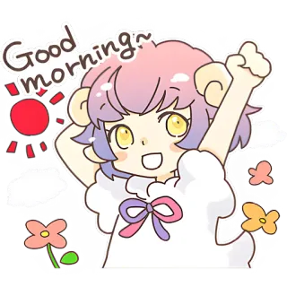 🥱 Good morning~ おはよう, 太陽, 花, 雲, アニメ, かわいい whatsapp sticker