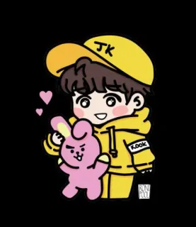 💜 JK, KOOK dessin animé, personnage, mignon, jaune, rose, fanart whatsapp sticker