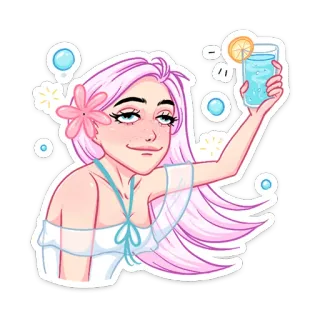 🍸 женщина, напиток, розовые волосы, цветок, коктейль, милый, мультфильм, девушка telegram sticker