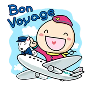 👍 Bon Voyage ท่องเที่ยว, เครื่องบิน, แอร์โฮสเตส, เดินทางปลอดภัย, การ์ตูน, หมา, นักบิน telegram sticker