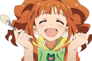 😄 Anime, Ragazza, Felice, Cartone animato, Capelli arancioni, Cucina, Cucchiaio telegram sticker