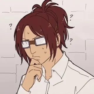 🤔 Hange Zoë Attack on Titan Anime, questionando, pensando, Hange Zoë, Ataque dos Titãs, personagem, óculos, dúvida telegram sticker