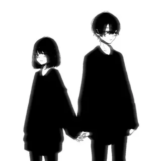 🖤 アニメ, カップル, 手をつなぐ, 白黒, マンガ telegram sticker