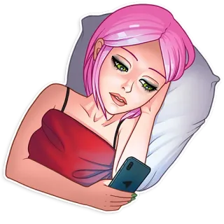😪 woman, pink hair, bed, pillow, phone, sleepwear, casual telegram sticker