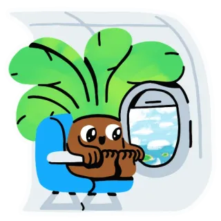 ✈️ avion, voyage, fenêtre, dessin animé, personnage, plante, siège telegram sticker