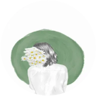 🌸 женщина, цветы, ромашки, спина, портрет, белая рубашка, седые волосы telegram sticker