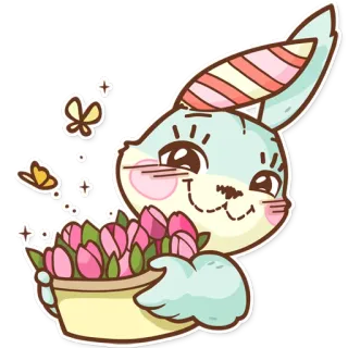 🌷 królik, królik, kwiaty, tulipany, słodki, naklejka, kreskówka, zwierzę telegram sticker