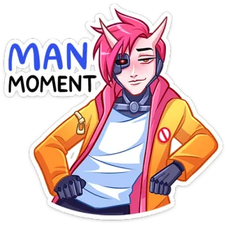 ⭐ MAN! MOMENT homem, momento, desenho animado, personagem, cabelo rosa, cybernetico, chifres, anime, adesivo telegram sticker