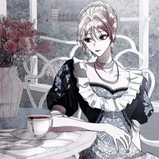⛩ Anime, Kobieta, Elegancki, Postać, Róża, Stół, Kwiaty, Siedząca telegram sticker