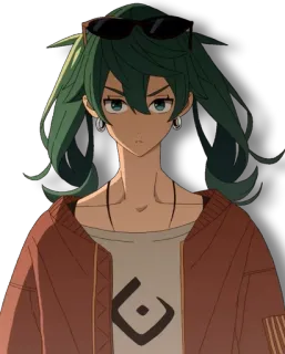 😕 anime, dibujos animados, mujer, gafas de sol, pelo verde, seria telegram sticker