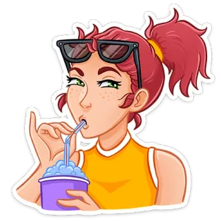 🥤 gadis, minuman, musim panas, kartun, wanita, pantai, relaksasi, kacamata hitam telegram sticker