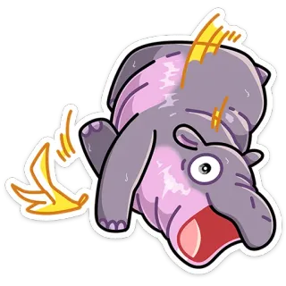 😵 hipopotam, skórka od banana, poślizgnięcie się, kreskówka, zabawny, zwierzę, słodki telegram sticker