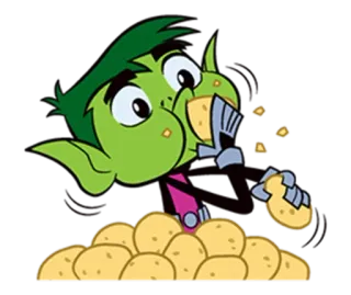 😞 Beast Boy Teen Titans cartone animato, mangiare, patata, verde, snack telegram sticker
