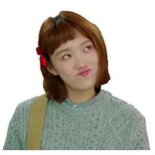 😊 femme, coréenne, pull, mignon, noeud rouge, regardant en haut, expression telegram sticker