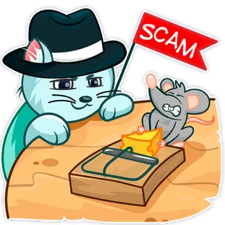 ❗️ SCAM gato, ratón, estafa, trampa, queso, dibujos animados, advertencia, peligro telegram sticker