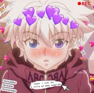 💞 Killua Zoldyck Hunter x Hunter You're perfect
You're pure
You're an angel
I THINK I LOVE YOU
A LITTLE BIT MERE EVERY DAY Anime, Cartoni animati, Carino, Cuore, Killua Zoldyck, Hunter x Hunter, Kawaii, Animato telegram sticker