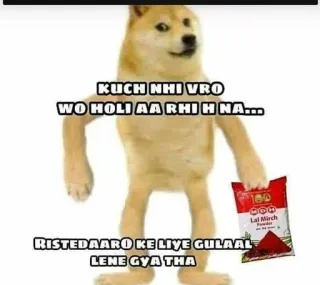 🌟 Doge Doge Meme KUCH NHI VRO WO HOLI AA RHI H NA... RISTEDAARO KE LIYE GULAAL LENE GYA THA doge, holi, meme, funny, chili powder, relatives, festive telegram sticker