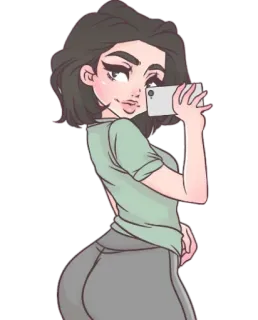 🤳 Cartone animato, Donna, Selfie, Bruna, Posa, Cellulare telegram sticker