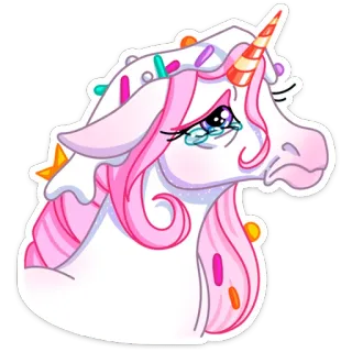🦄 unicórnio, triste, chorando, rosa, fantasia, fofo, animal, sobremesa whatsapp sticker