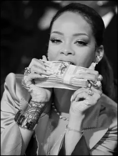 🔗 Rihanna, dinheiro, pilha de dinheiro, joias, retrato, preto e branco telegram sticker