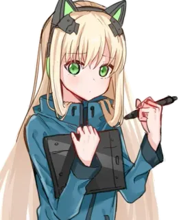 😍 anime, cat ears, digital art, drawing, girl, stylus, blonde hair, green eyes whatsapp sticker