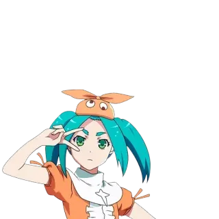 ✌ Anime meisje, Vredesteken, Turkoois haar, Oranje outfit, Cartoon, Animatie telegram sticker