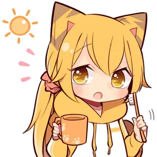 ☀ anime girl, cute, kawaii, morning, toothbrush, mug, cat ears telegram sticker
