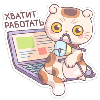 ❌ ХВАТИТ РАБОТАТЬ кот, ноутбук, мышь, работа, перерыв, милый, мультфильм whatsapp sticker